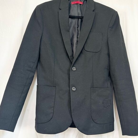 ZARA black two buttons embroidered pocket tailored slim fit blazer jacket S - Picture 3 of 14